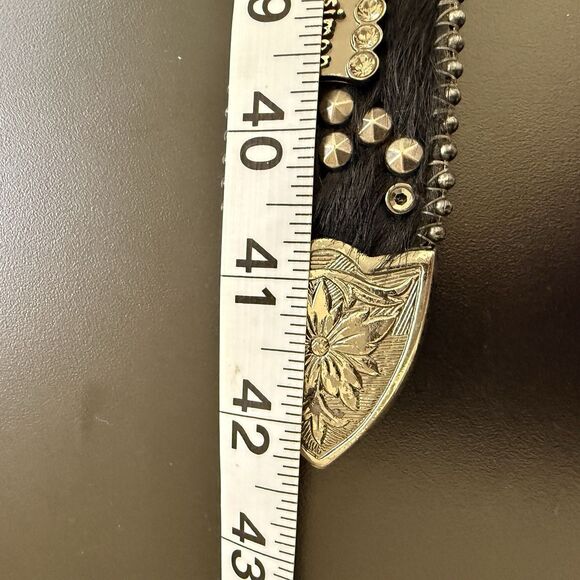 BB Simon Crystal Beaded Studded Western Black Leather Belt Sz L 32-38” Pony Hair main image 4